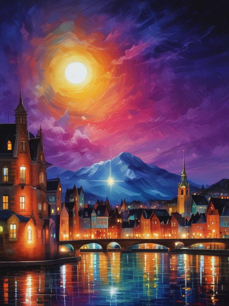 
شب پر ستاره ی ونگوگ و شهر نورانی در شب
7