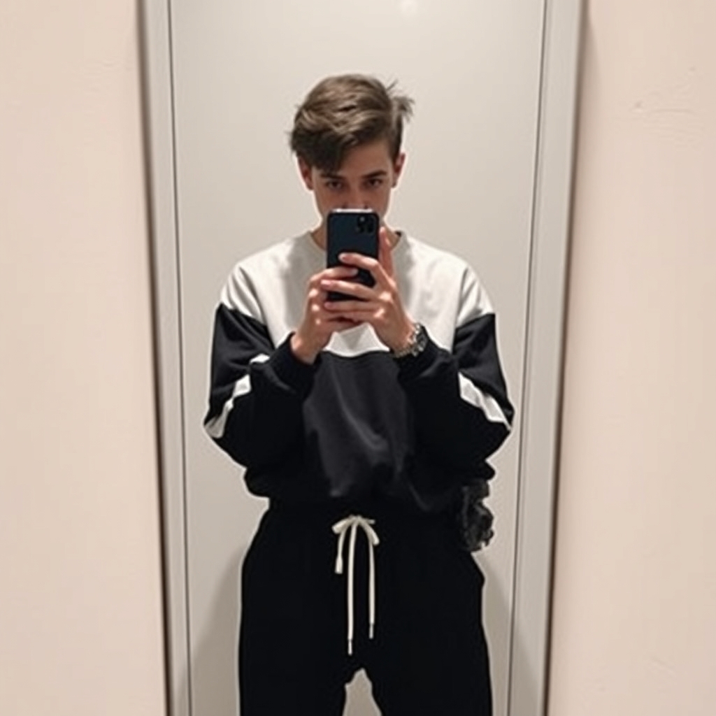 یک پسر که در آینه با گوشی ژست گرفته و چهره اش نامعلوم با لباس مشکی سفید و مدل موهای خیلی خفن و شلوار لش.19