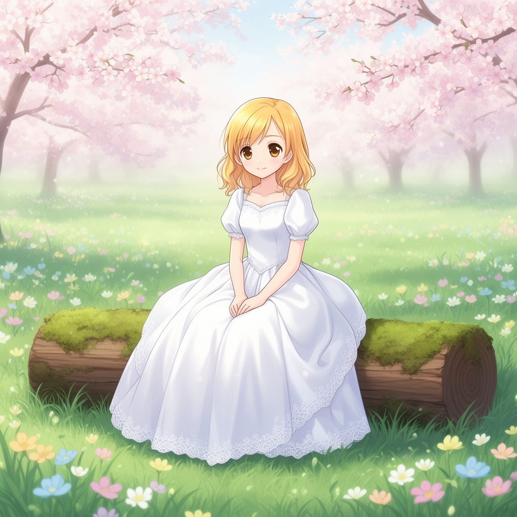 یک دختر بچه 11 ساله با لباس عروس پفپفی زیبا با موهای طلایی کم رنگ در پشت زمینه یک فصل بهاری که روی یک کنده چوب با خز سبز نشسته با رنگ های ملایم0