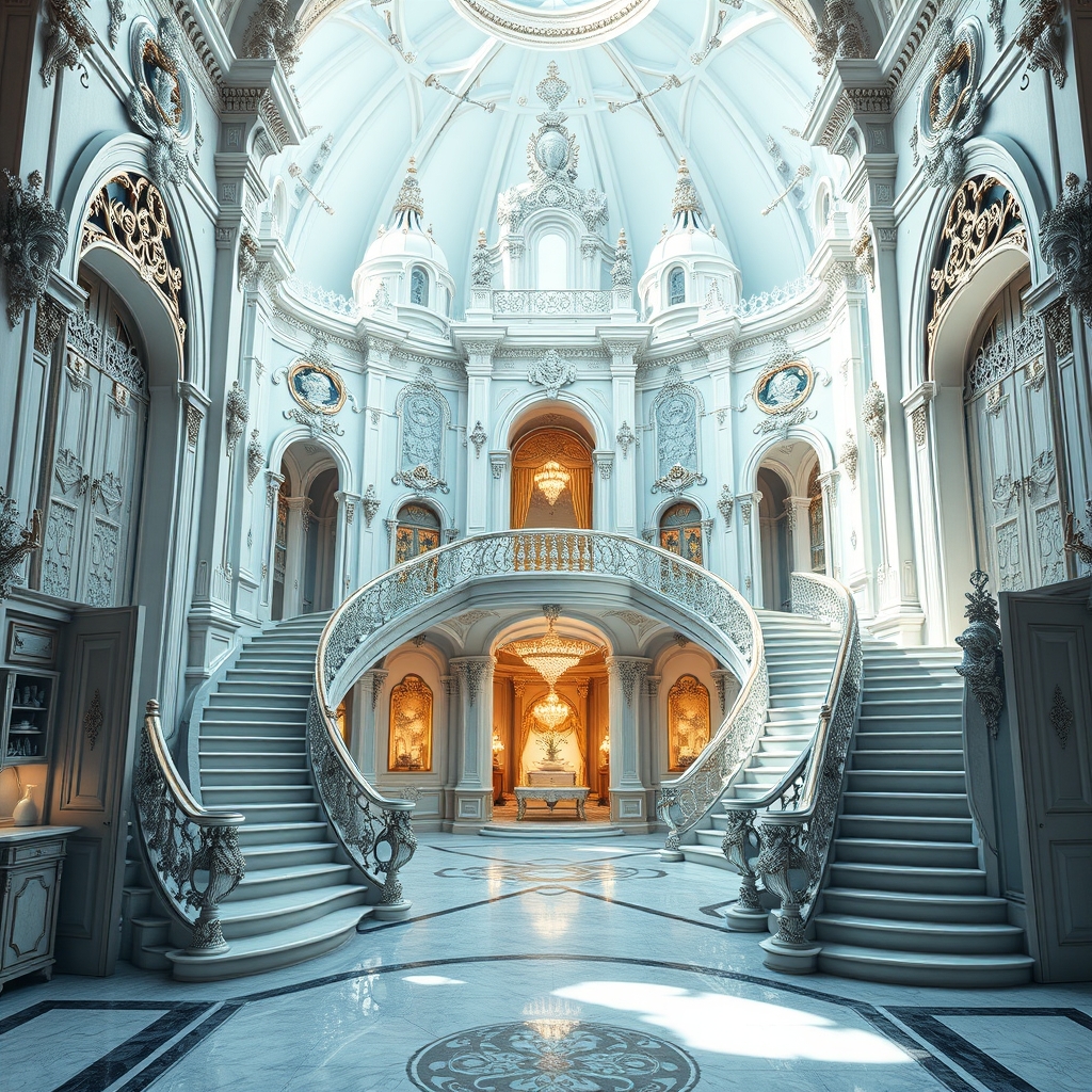 قصری بزرگ که دارای شیش در و دو پله بلند که به طبقه ی بالا درون قصر میرسد 
درون قصر سفید و آبی آسمونی است که در سمت چپ قصر آشپز خونه ای مجلل و بزرگ دارد 
9