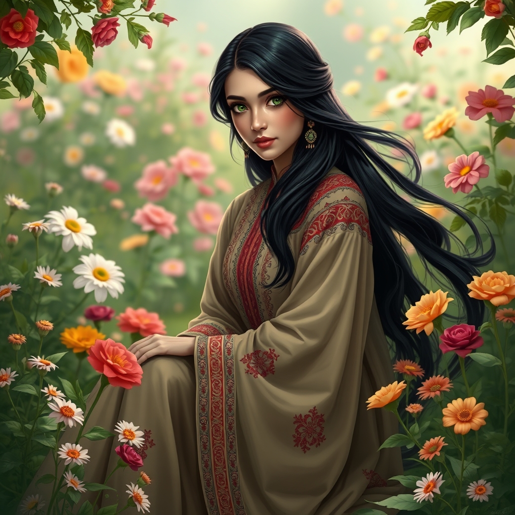 شاهدخت افغانستانی زیبا با موهای بلند و چشمان سبز ک در باغ گل نشسته17