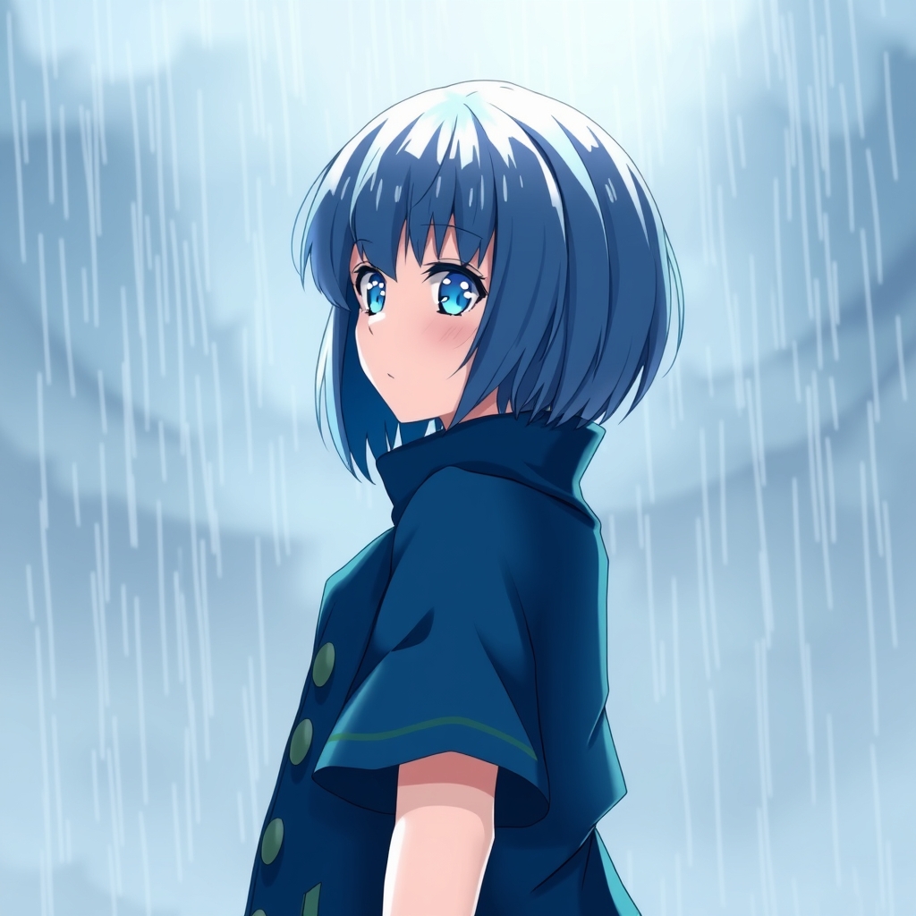 یک دختری که چشاش آبی کمرنگ باشه و پالتو ی آبی با رده های سبز پوشیده باشه موهاش آبی کوتاه چتری باشه و آسمون در حال بارون باشه 🧤🧥🌧️☔☔☂️🌀23