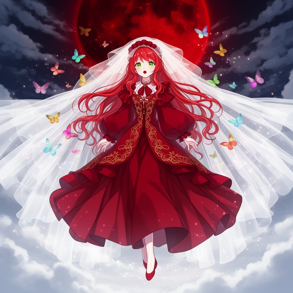 🌟زنی جوان زیبا ترین بانوی جهان همینطور در هوش مصنوعی رویایی با موهای بلند حالت دار قرمز براق درخشان مثل چراغ وچشم های سبز رنگ درونشپر از شگفتی و با پوستی سفید نامعلوم صوری سفیدتر از برف و سفید تر از قرص ماه با گونه قرمز لبی سرخ با لباس یا به رنگ قرمز پادشاهی مهر و دامنی پفی و پشتش بی نهایت از تور طور های سفید که نه به آبی ختم میشن لباس یا پفی زیبا که باشکوه جهانی دارد و دختر با چهره که همه را در گیر خود میکنه بر هوا معلق است و پشت ماه خونین و پر از پروانه دور بر است 0