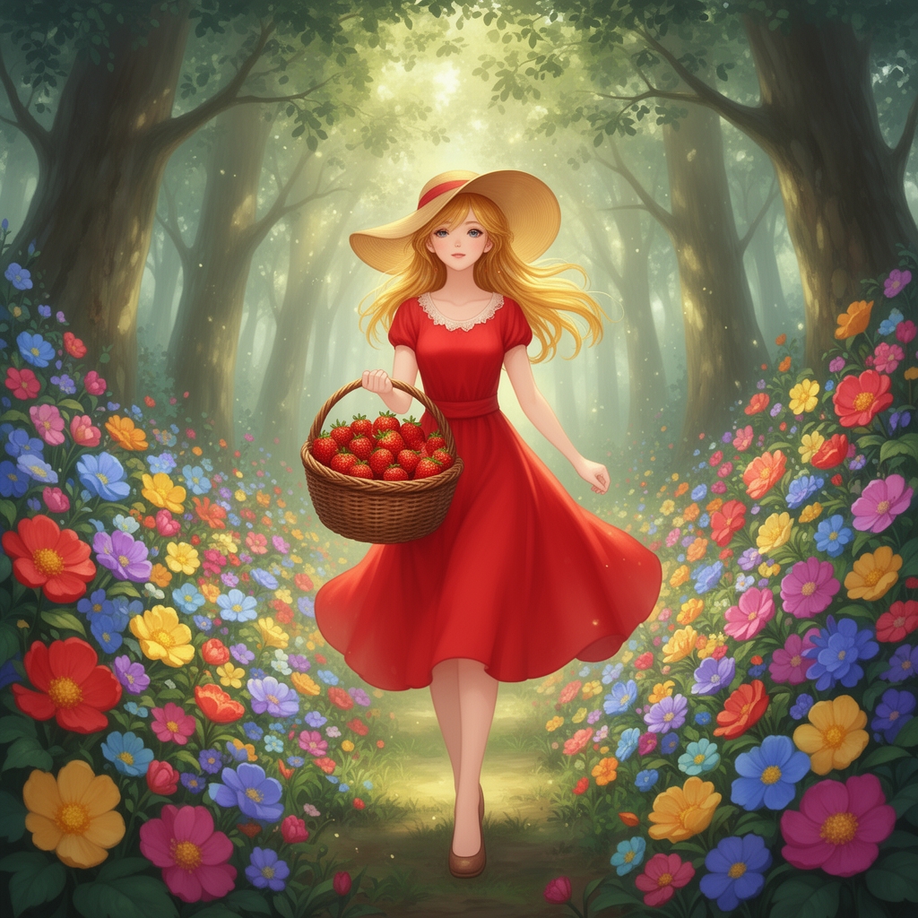 یک دختر توت فرنگی و زیبا که در جنگلی راه می‌رود کنار او یک عالمه گل‌های زیبا است در دست او یک سبد توت فرنگی است دختر لباس قرمز دارد او موهایی طلایی دارد در سر یک کلاه آفتابی زیبا دارد او در دست سبدی پر از توت‌های خوش رنگ دارد5