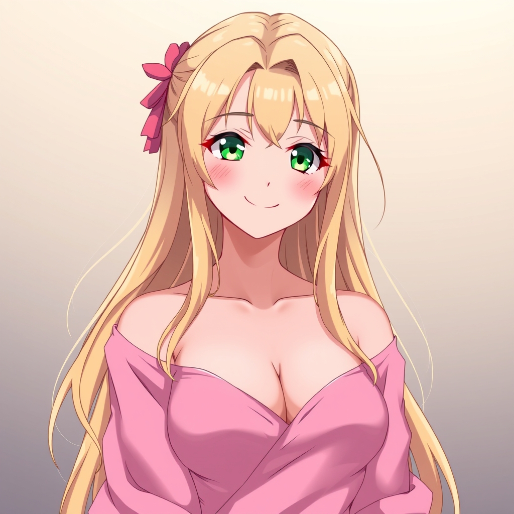 دختر زیبا با صورتی که داره لبخند می‌زند با لباس خوب صورتی با چشم های سبز بل مو های بلند طلایی17