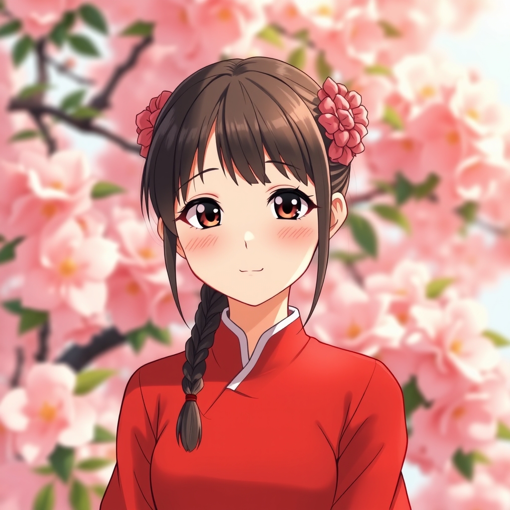 یک دختر چینی و با لباس قرمز و زیبا و پشتش گل های صورتی و زیبا است 🌺🌺🌸🌸💮💮💄🪭2