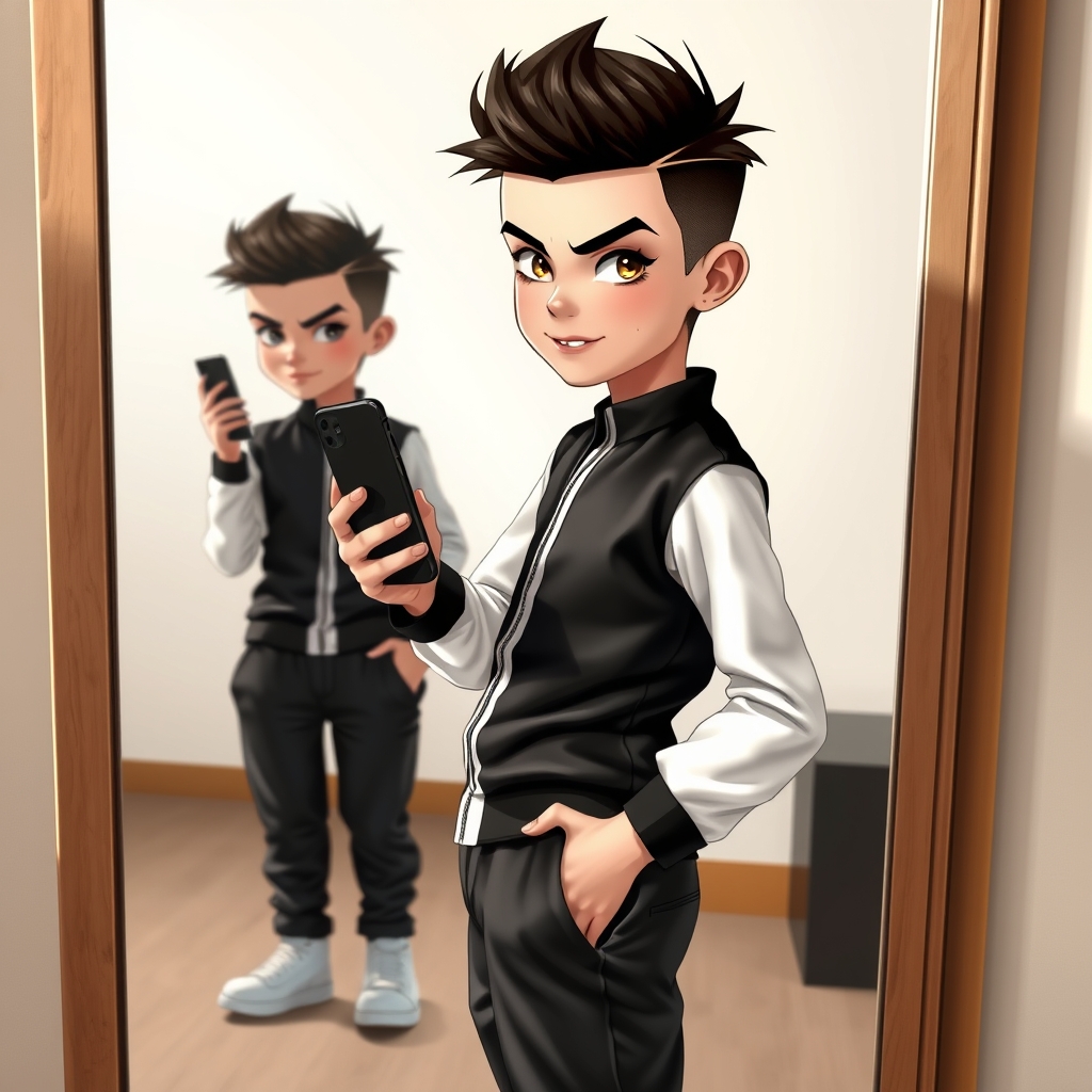 یک پسر که در آینه با گوشی ژست گرفته و چهره اش نامعلوم با لباس مشکی سفید و مدل موهای خیلی خفن و شلوار لش.4