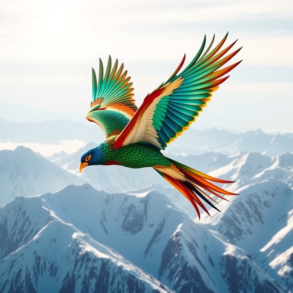 یک پرنده سیمرغ افسانه‌ای ایرانی با رنگ‌های زنده، در حال پرواز بر فراز کوه‌های برفی.9