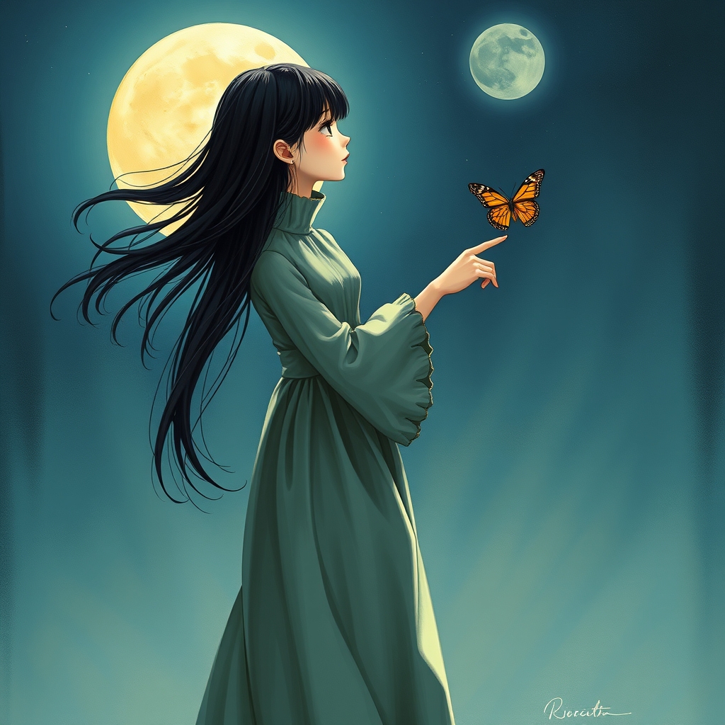 دختری زیر نور ماه باموهای بلند مشکی با لباس پف دار که دستش رو به سوی پروانه ای هست 1