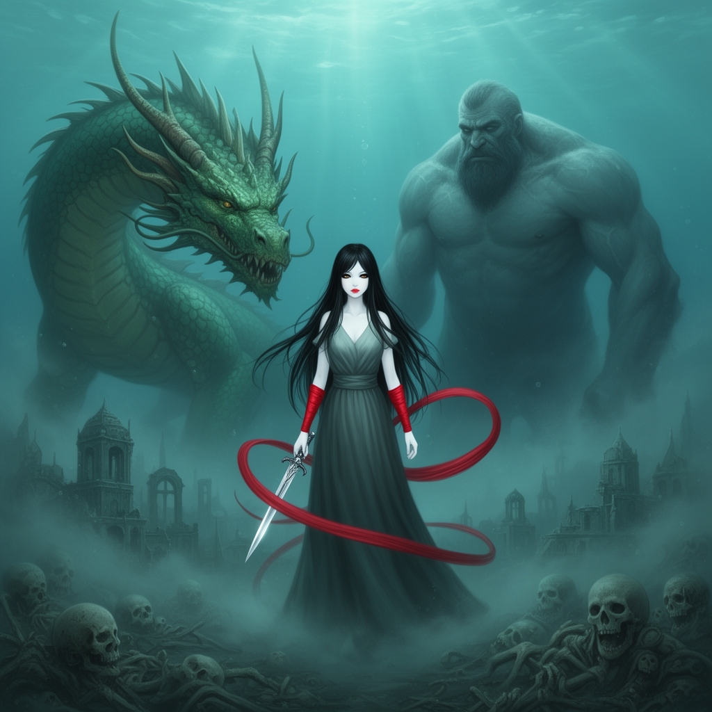 دختری که در اعماق دریا افتاد و اژدهایی سبز رنگ و غول پیکر در کنارش بود و در زیر آب به شهر مردگان رسید و آنجا مه بود و ربان قرمز رنگی روی مچ دست دختر بود و تا بی نهایت ادامه داشت
دختر مو های سیاه و خیلی بلندی دارد و سفید است و چشمانی بادومی و سیاه دارد و لب هایش بسیار سرخ و زیبا هستند و پیراهنی بلند پوشیده و ایستاده است و خنجری در دست دارد2