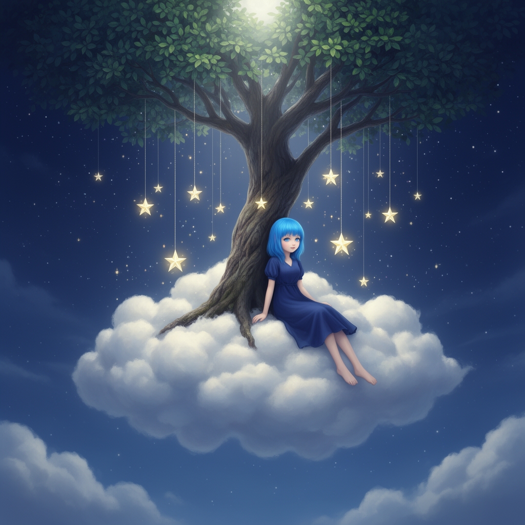 عکس درخت که روی یک ابر در آسمان و. بهش ستاره آویزونه و یک دختر به آن تکیه داده است به درخت روی ابر. و چشمای. آبی کمرنگ و موهای آبی پررنگ و پیرهن سرمهای. در آنجا شب است و ستارهها به دور آن درخت هستند. و شب از تو نور ماه میزند به دخترک
5