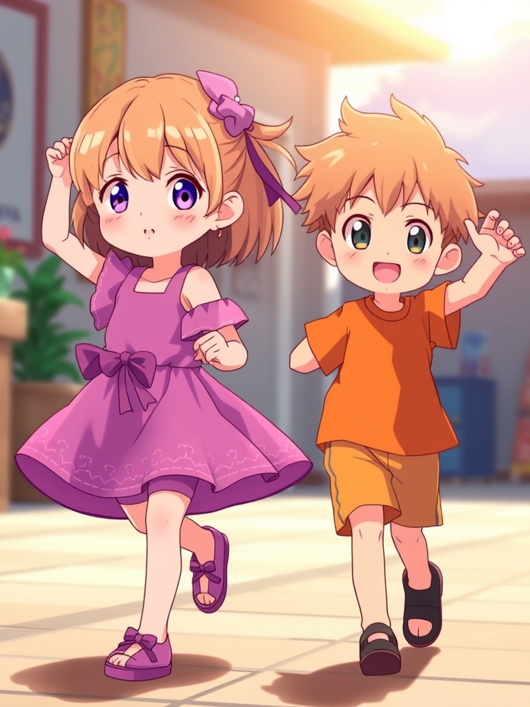 عکس یک دختر بچه بالباس وشرتک بنفش ویک پسر بچه بالباس وشرتک نارنجی کیوت 22