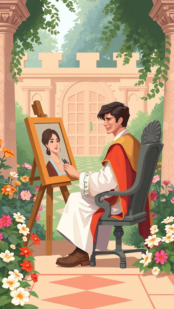 یک شازاده که  توباغ گل قصر نشسته رو صندلی جلویی بوم نقاشی و داره عکس عشقشو میکشه 
12