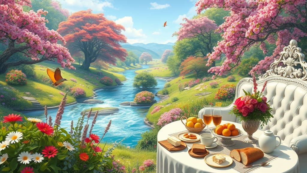 باغ افسانه ای پر از گل های نایاب و درختان پرشکوفه رودی جاری و میز مجلل صبحانه و کاناپه سفید طلایی سلطنتی میز پر میوه نان کره خامه عسل مربا شیر 3