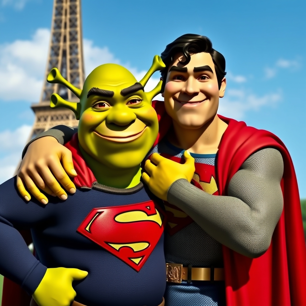 عکس شرک و سوپرمن که دست انداختند دور گردن هم و دارن به دوربین لبخند میزنن و پشت انها نمای از برج ایفل است11