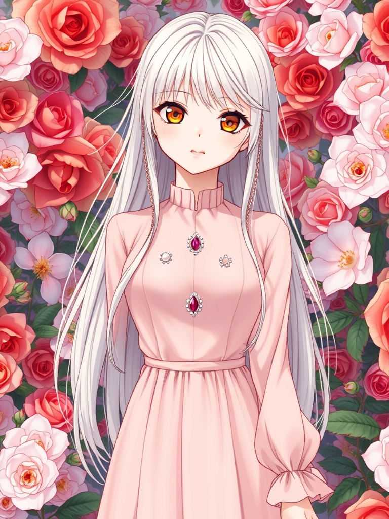 یک دختر بسیارررر زیبا با پوست سفید مثل برف،بینی کوچک،لب های گوشتی قرمز،چشمان درشت نارنجی و عسلی ترکیبی،مژه های بلند و صورت زاویه دار،با موهای بلند به رنگ سفید و رزگل ترکیبی هم اندازه خودش که صافه و اطراف دخترک پریشان هست،،دختر در کنار گل هایی زیبا هست،یه لباس صورتی پاستیلی زیبا هم به تن داره که بدون آستینه،کمرش جذبه،یقه اش ضربدری هست،پایینش پف دار و لایه لایه هست که روش با گل های رز کوچک و مروارید و زنجیر های ظریف نقره ای و یاقوت و زمرد تزئین شده0