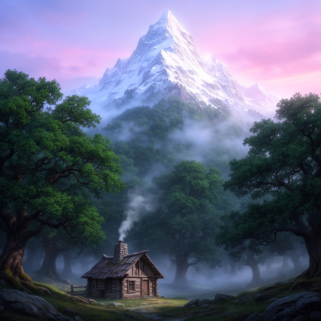 کوهی بلند و سفید پوش با درختان انبوه بلوط و کلبه ای چوبی در کوهپایه 4