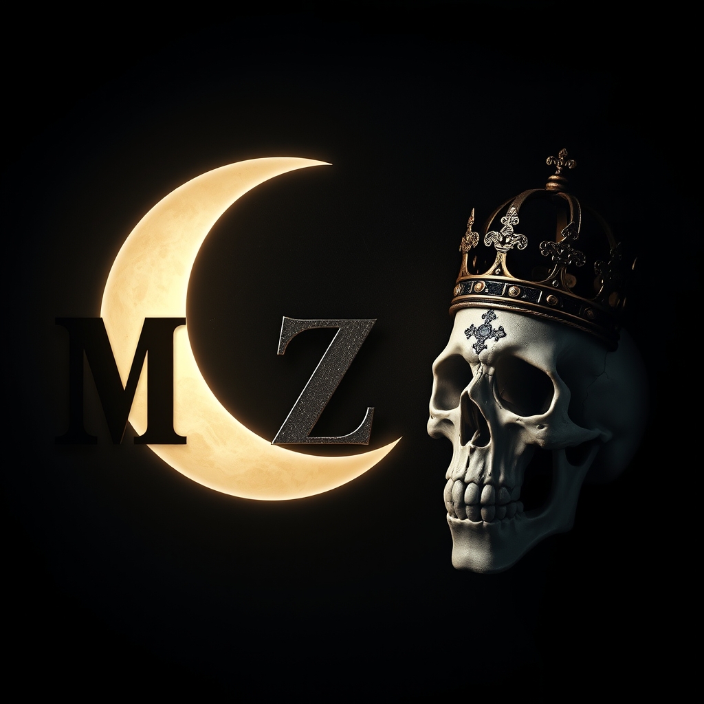 The inscription MZ, next to which is a crescent moon, and next to it is a skull looking at it and wearing a crown.16