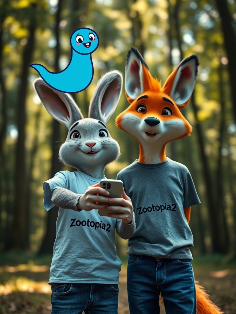 یه خرگوش و روباه که دارن سلفی میگیرن روی لباس های دوتاشون نوشته Zootopia2
ویک مار آبی كه پست سرشون هست داره می‌خنده
0