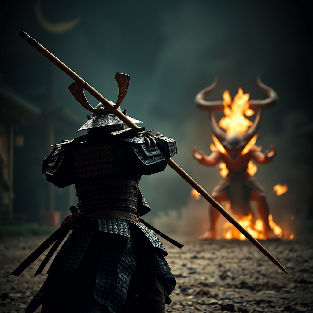 یک سامورایی با نیزه بسیار بلند که به صورت کج پشت سر خود نگه داشته و در حال حمله به یک شیطان است.8