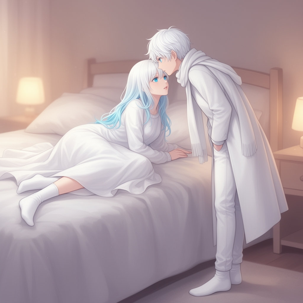 یک دختر روی تخت دراز کشیده و بسیار زیبا هست وبا چشم ابی اسمانی با موهای بالای ان سفید و پاین ابی بسیار بسیار کمرنگ با لباس👗 سفید و جوراب سفید بسیار بسیاز دراز پوشیده و کنار اون یک پسر با موهای سفید و چشم های ابی اسمانی کمرنگ و با لباس👖🧥🧣 سفید و جوراب سفید و لب گرفتن1
