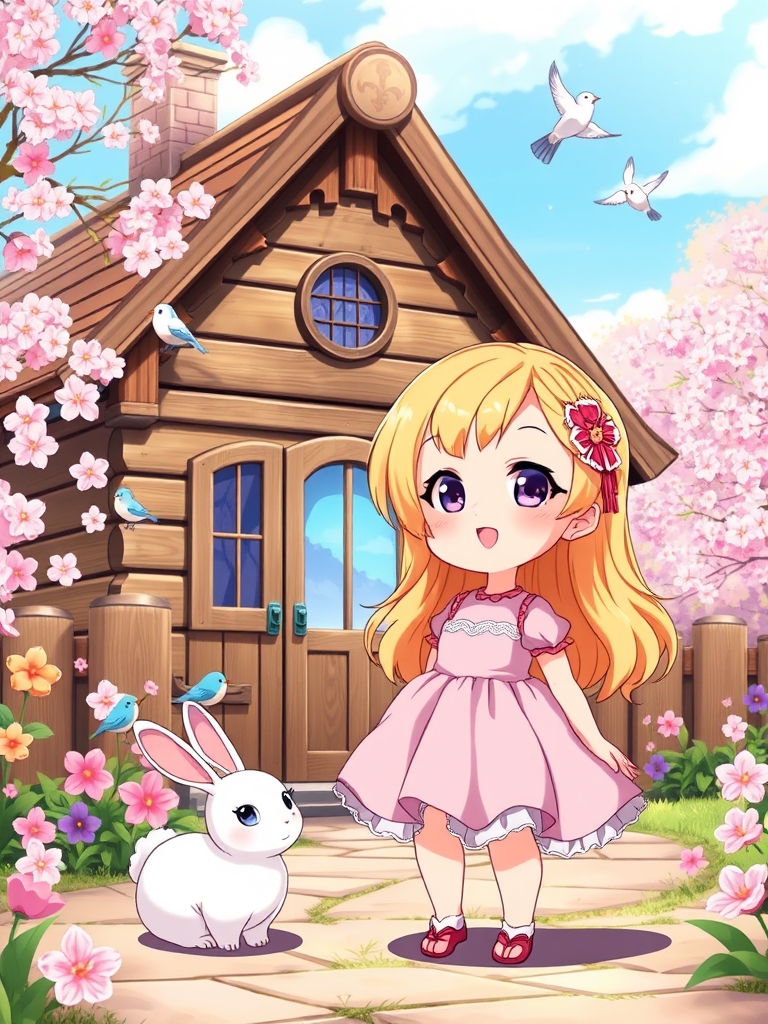 یه دختر بچه ی ناز و تپلی با موهای طلایی و چشمهای بنفش و پیراهن پف پفی جلوی یه کلبه ی چوبی خوشگل ایستاده و همه جا پر از شکوفه های رنگارنگ است و چند پرنده و یک خرگوش تپلی سفید که با دختربچه دوست است ، دختر و خرگوش خوشحال هستند، سبک انیمه‌ای5