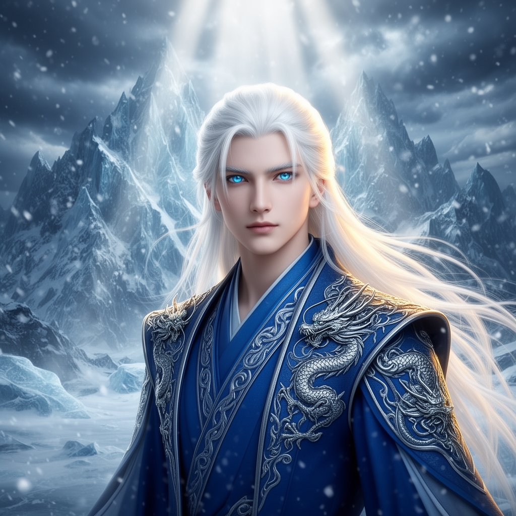 زیباترین مرد جوان در جهان حتی در رویایی که شکوه خدا را داشته باشد که نظیر آن در دنیا نباشد که همه از شدت زیبایی به او سجده کنند که با چشمان کریستالی آبی رنگ که در مردمکش دریا واقع شده است و با پوستی سفید همرنگ برف که با موهای سفید رنگ بلند که با لباس سلطنتی ابی که اژدهای نقرهای رنگی بر روی آن حکاکی شده باشد زیبایی باشد پشت سرش کوهستان یخی باشد و برف هم در حال باریدن باشد5