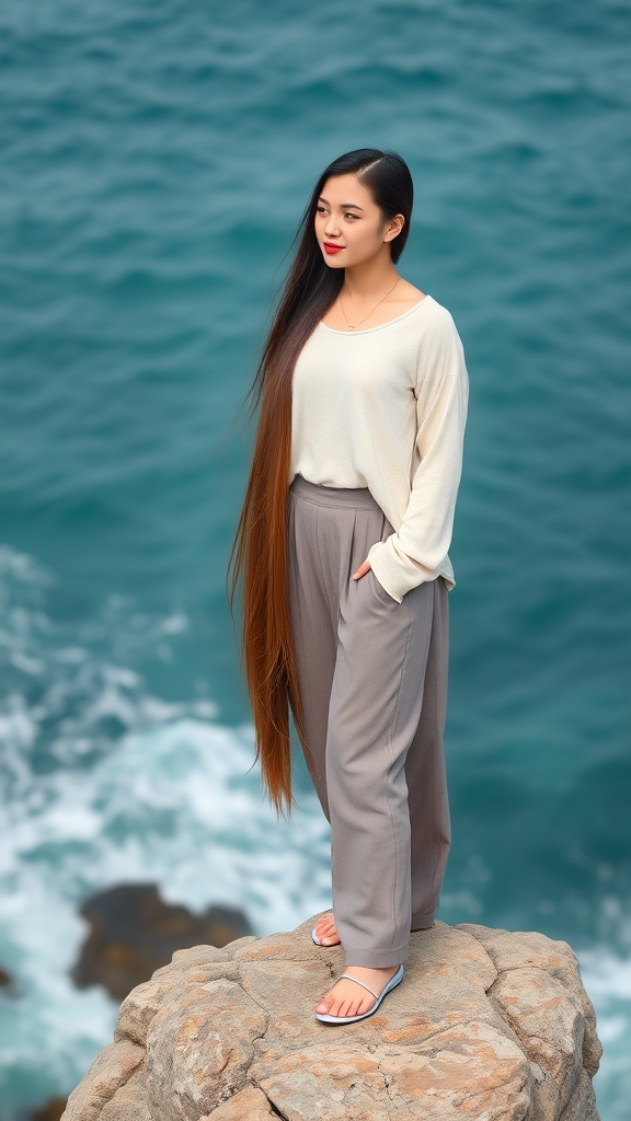 دختر خوشگه با موهایی بلندی که تا زانوهاش میرسه موهاشو مدل داده  و لباش زیبایی به رنگ قرمز پوشیده  توساحل واستاده رو یک سخره ای رو به دریا نگاه میکنه 
 9