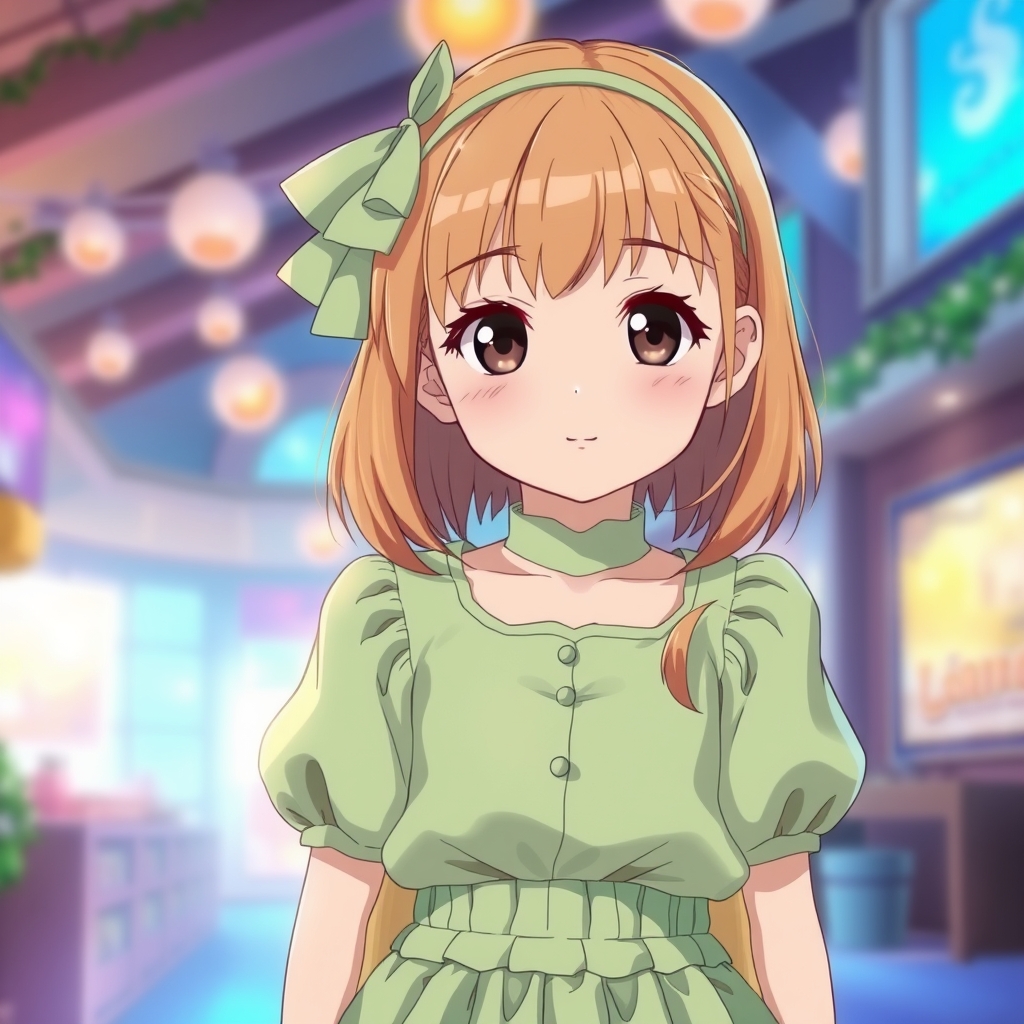 دختری خیلی ناز با موهای بلوند نسکافه ای و چشمان سیاهی زیبا و پوست سفید و شفاف و لباسش نیم تنه و دامن سبز پاستیلی باشد و گیر سری زیبا داشته باشد و در یک جای رویایی باشد9