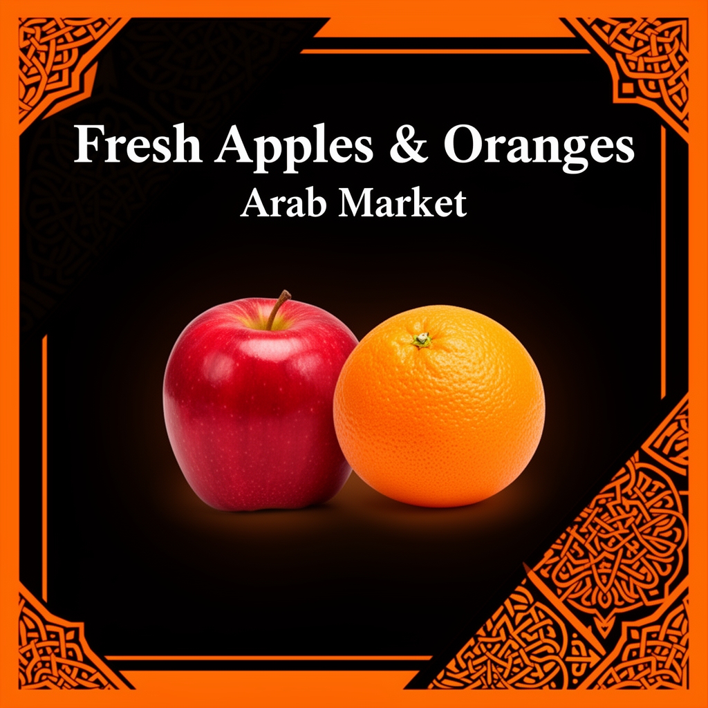یک لیبل منحصر به فرد برای میوه های سیب و پرتغال با رنگ سیاه و نارنجی برای بازار های عربی طراحی کن 0