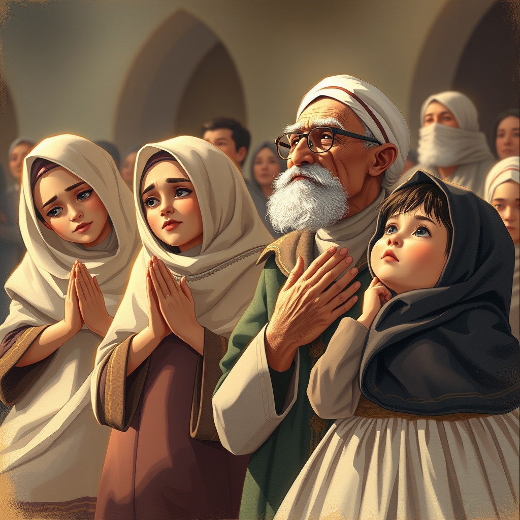 عکسی به سبک قدیمی از مادرانی ایرانی که دست به دعا گرفتند و پیر مرد هایی که اشک میریختند و بچه هایی با لباس های قدیمی به بالا نگاه میکردند0