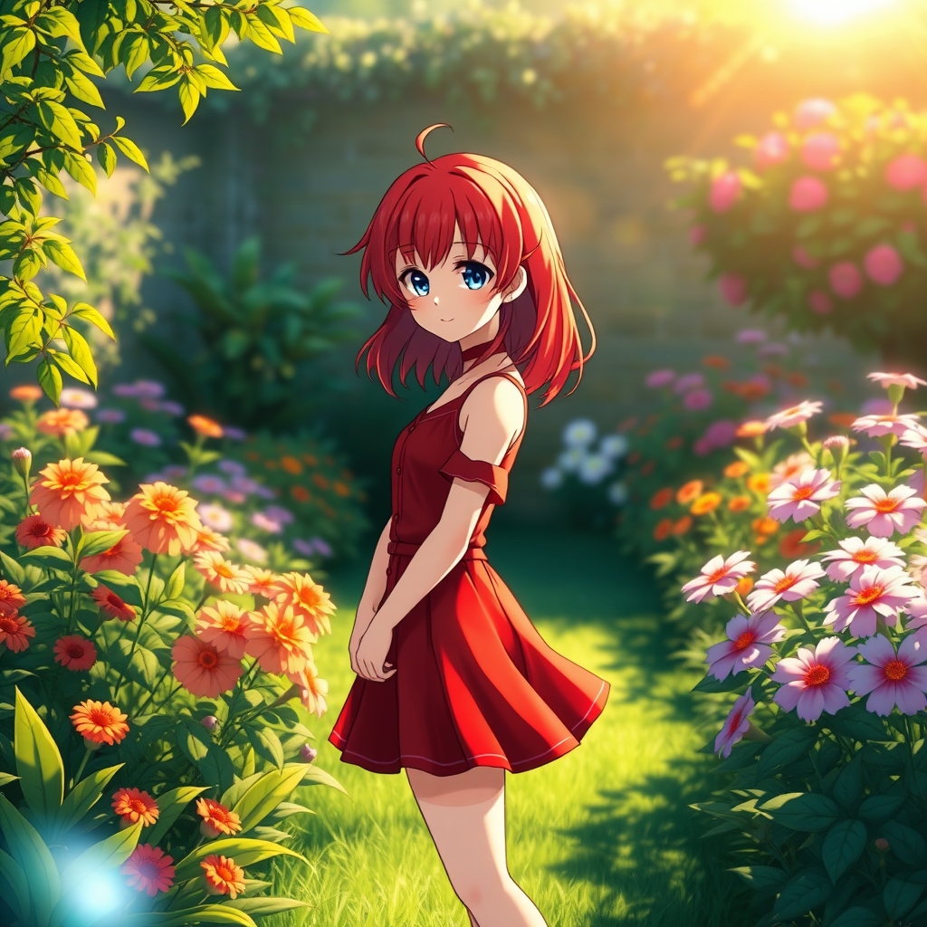 یک دختر زیبا با دامن زیبا چین چین و موهای قرمز وچشمان آبی ولباس قرمز توی باغ7