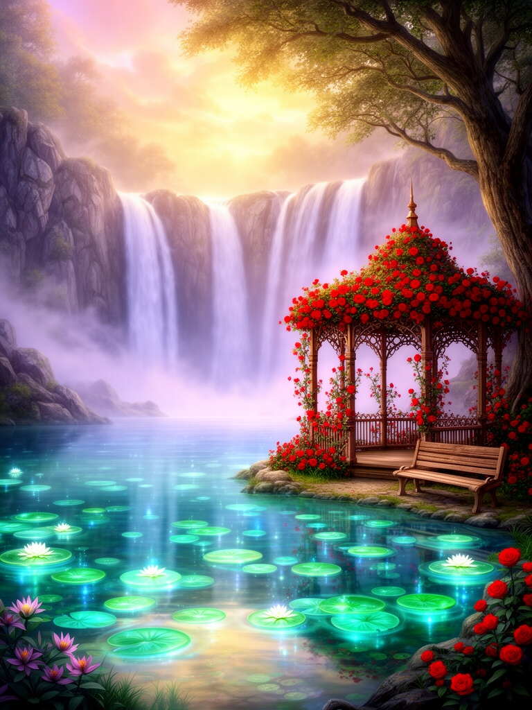 می تونی دریاچه بکشی با خروش آبشارها اطرافش و درخشش لی لی یم های درخشان یک آلاچیق چوبی پر گل سرخ و نیمکت چوبی1