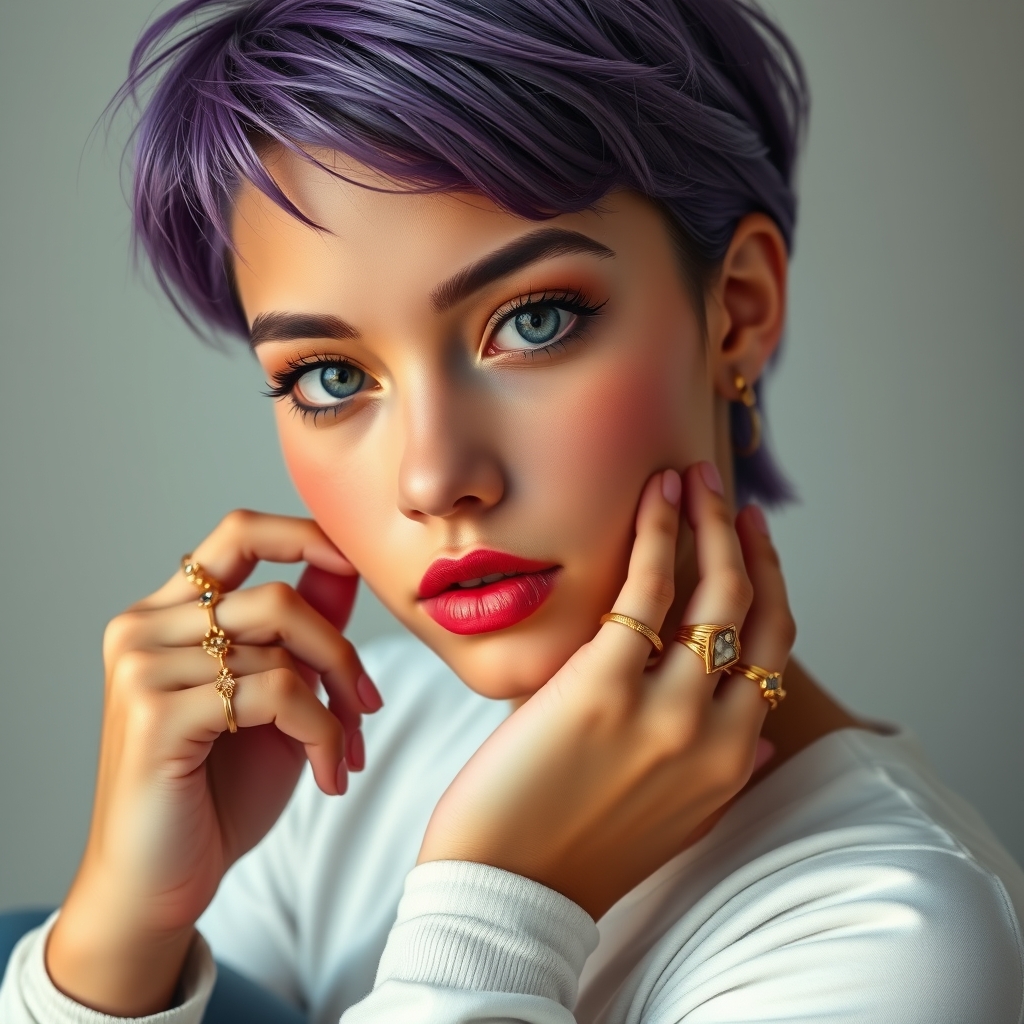 یه دختر که مدل موهاش کوتاه و پرسینگ طلا داره تو گوشش و و موهاش بنفشه و پوستش یه ذره زیادی سبزه هست و یه لباس آستین بلند سفید و شلوار آبی تتنشه و تو دستاش کلی انگشتر طلا هست و خیلی جذابه6