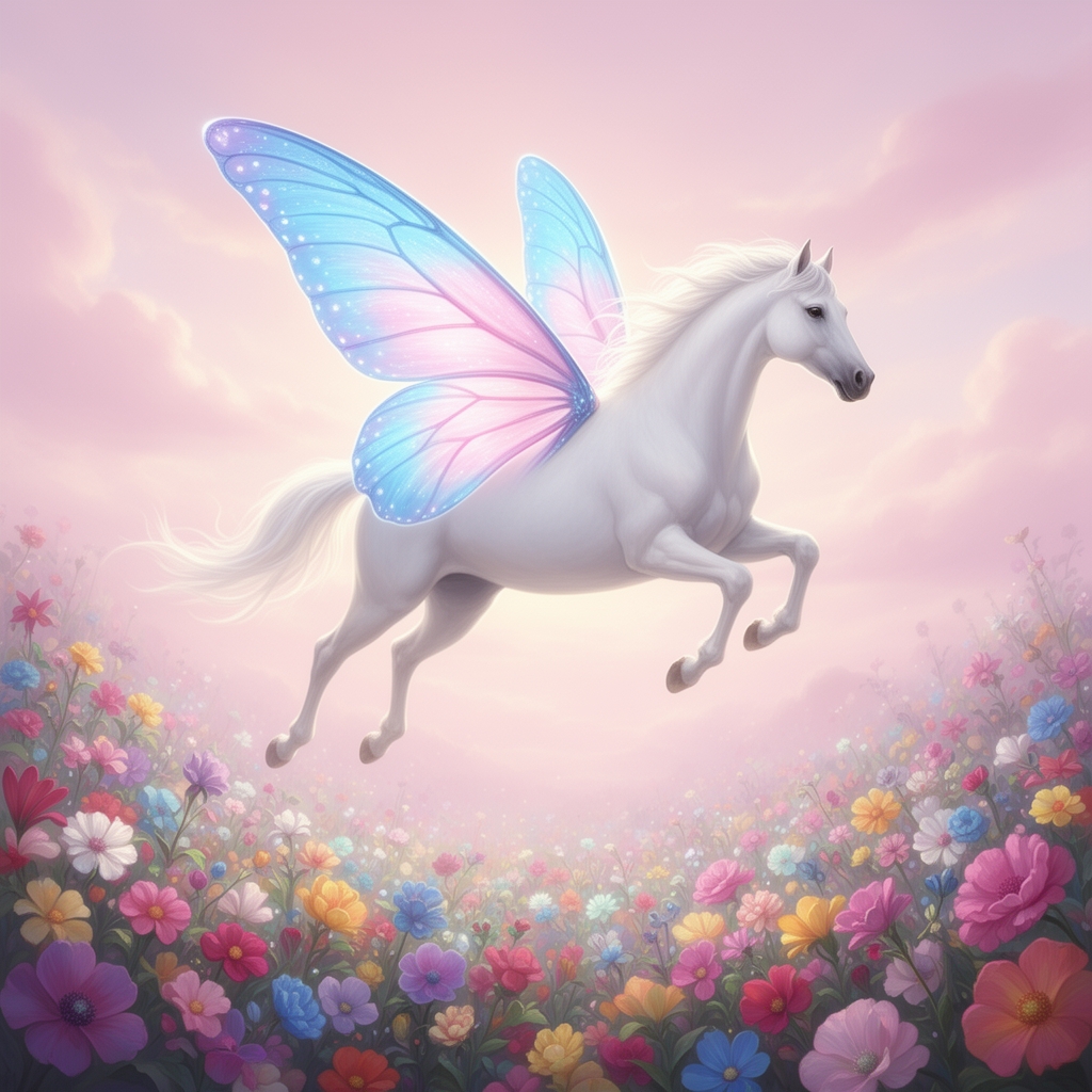 🐎 سفید
با بال های 🦋 آبی مایل به صورتی در آسمان و پایین آسمان باغی پر از گل وآسمان صورتی 3