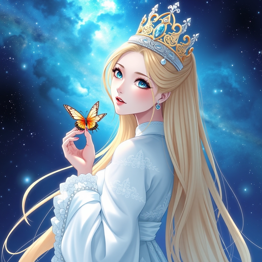 زیباترین بانو در جهان حتی در رویایی که شکوه خدا را داشته باشد که با چشمانی آبی رنگ که در مردمکش دریا باشد وبا پوست سفیدی که با موهای طلایی رنگ بلند باشد که لباس کره ای سفید کریستالی برتن داشته باشد که تاجی زیبا بر سرداشته باشد که پروانه زیبا بر روی دستش نشسته باشد که پشت سرش کهکشان راه شیری باشد ببینیم رویایی چیکار میکنه 5