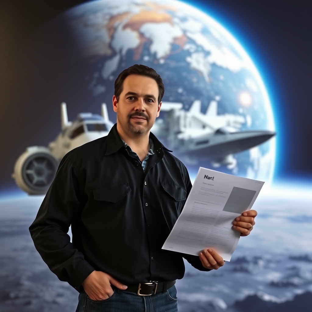 مردی درفزا که پشت صحنه کره زمین است وکنارش سفینه است که یک کاغذ دستش عست7