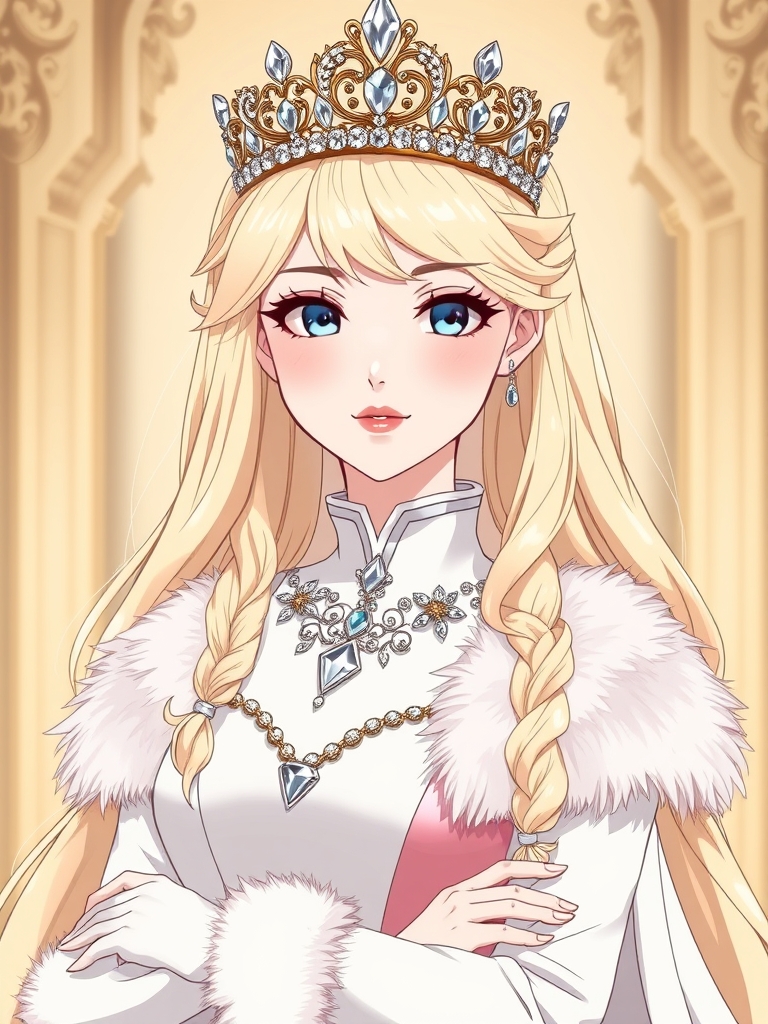 تصویر انیمه زیبا ملکه با موهای کرمی مایل به زرد با تاجی از طلا و نقره و الماس های زیبا و چهره سفید و پیراهنی با گردن و مچ سفید خز دار و پیراهن الماس دار بلند ترکیبی از رنگ سفید و اندکی صورتی او ایستا ده است و رژ لب نچرالی زده و مژه هایش را ریمل زده و به گونه هایش رژ گونه زده 10