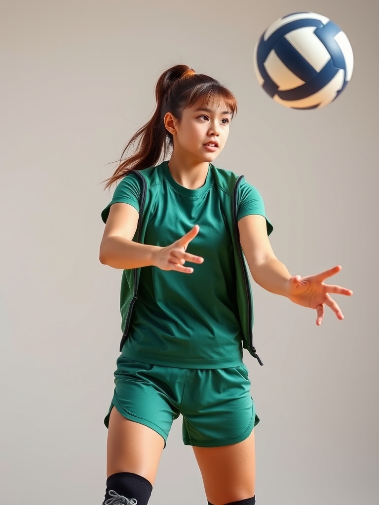 دختری والیبالیست که تیشرت سبز لش پوشیده و شرت ورزشی سبز که لباسش روی شرتش را پوشانده این دختر زانو بند هایی به رنگ مشکی و کفشی ورزشی و لژ دار که کرمی ، مشکی است این دختر موهایش را دم اسبی بسته و پوستش سفید و موهایش قهوه ای خرمایی است و درحال اسپک زدن است 5
