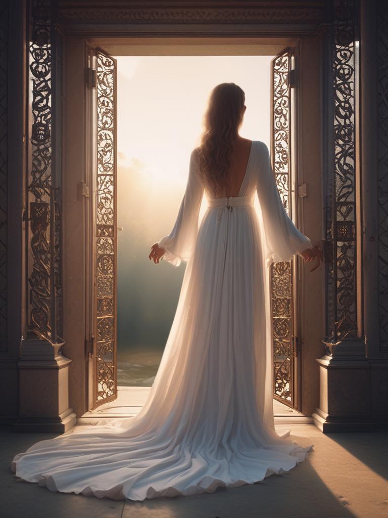 دروازه ی بهشت که دختری با لباس حریر سفید بلند انجا ایستاده20