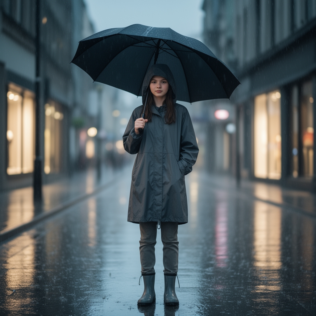 دختری  نوجوان 
در باران با چتر سیاه 0