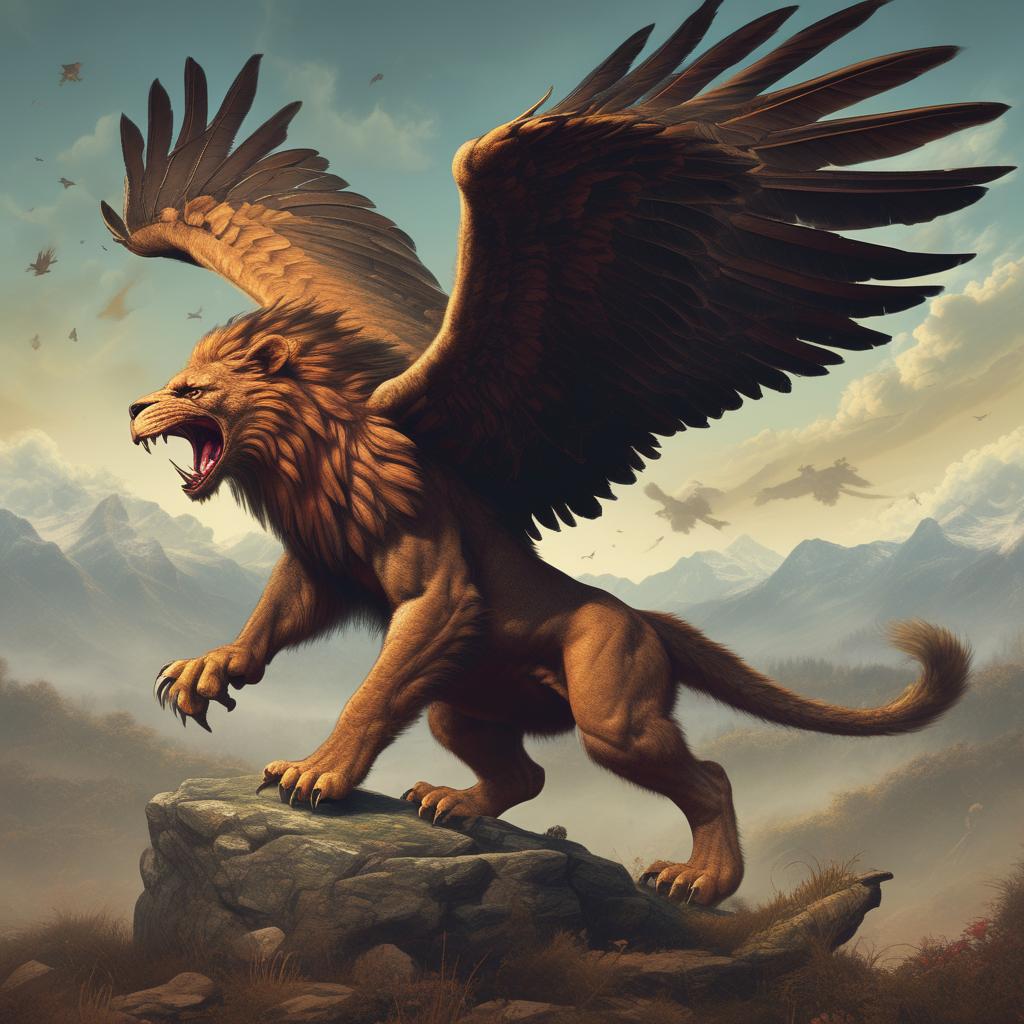 یه حیوان با چهار پای شیر با سر عقاب و بال عقاب درحال کشتن دشمنان لانه و آشیانه خود2