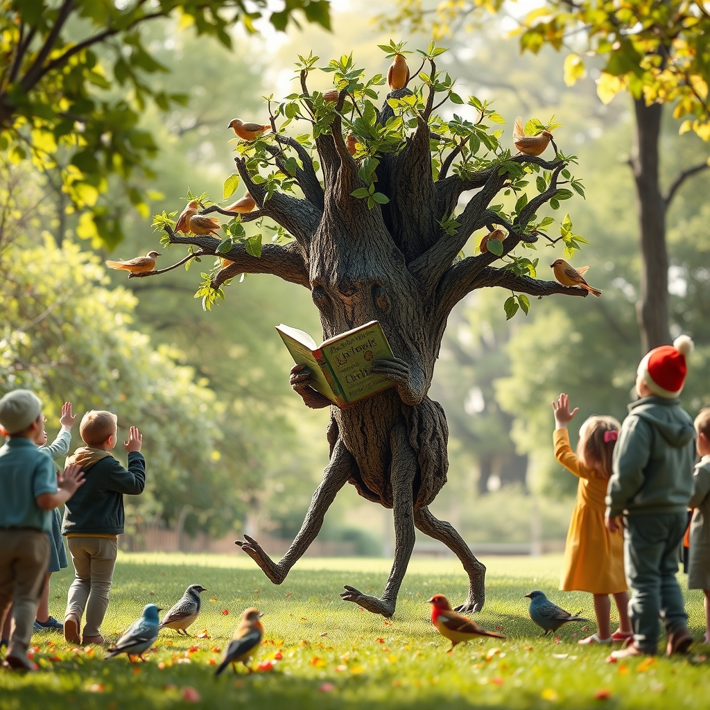 یک درخت چهار پا در حال قدم زدن و کتاب داستان خواندن برای پرندگان و مردمی که اورا دوست دارند و برایش دست تکان میدهند19