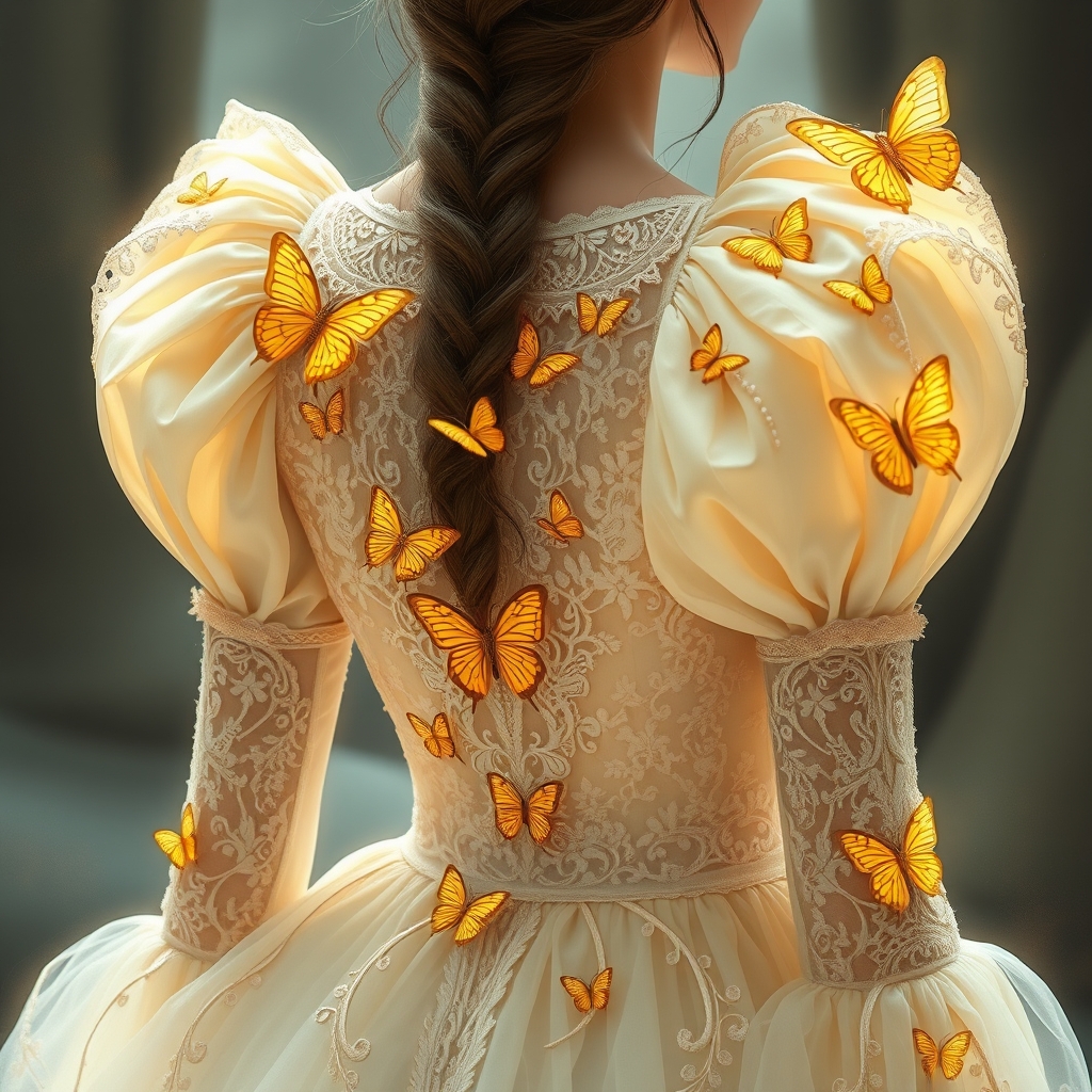 زیباترین لباس پفی آستین پفی توری کرمی اکلیری که بر رویش پروانه‌های طلایی حکاکی شده باشد در جهان حتی در رویایی که شکوه خدا را داشته باشه که نظیر آن در دنیا نباشد که همه از شدت زیبایی بهش سجده کنند
2