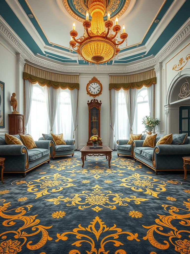 ی خانه ی بزرگ با فرش طوسی طلا کوب با مبل های طوسی و کوسن های پشماوی طلاکوب شده و پنجره ای بزرگ با پرده ای سفید میز عسلی چوبی که گلدان کوچکی روی آن باشد یک ساعت به رنگ چوب روی دیوار و رنگ دیوار سفید و یم لوستر زیبای طلایی با کناف ابی در دور سقف10