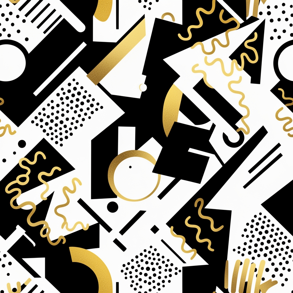 طراحی پترن (Pattern) مدرن با اشکال انتزاعی و خطوط کج و معوج، رنگهای سیاه و سفید و طلایی، سبک هنری ممفیس (Memphis style).2