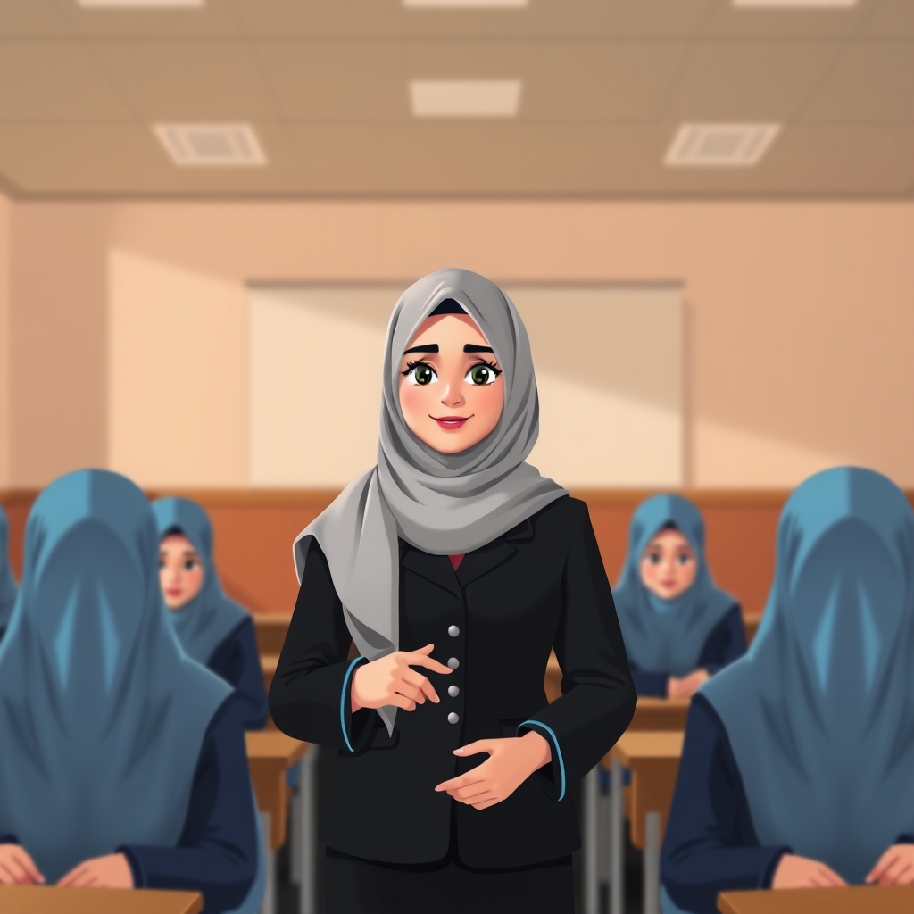 معلم فارسیدر کلاس با مقنعه طوسی روشن و فرم مشکی و دانش آموزان رو صندلی نشسته اند و لباس فرم سرمه ای و مقنعه آبی آسمانی بر تن دارند1