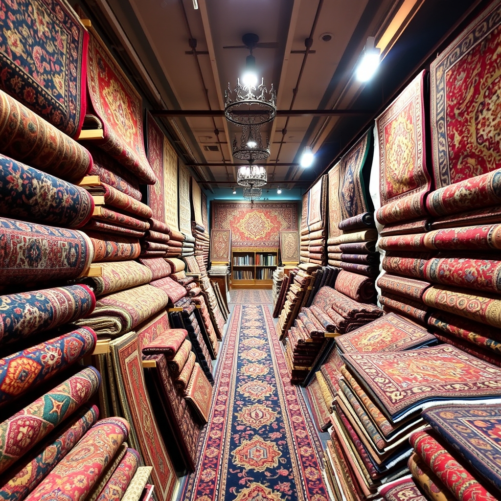 یک فروشگاه قالی ایرانی پر از طرحها و نقشهای زنده و سنتی.20