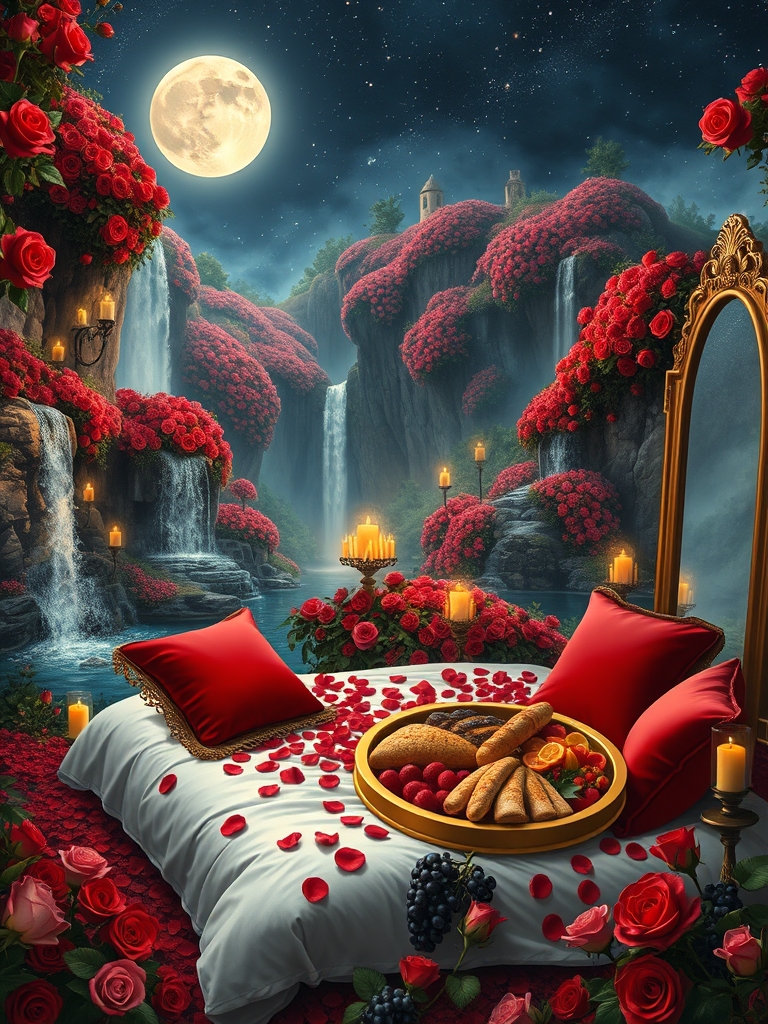 باغ بزرگ و افسانه ای پر گل سرخ در یک شب مهتابی پر ستاره
آبشارها از میان صخره های بلند کوهستانی پوشیده از گل سرخ به داخل برکه می ریزند
گوشه کنار هزاران شمع روشن ست
یک تشک گرم و نرم سفید با کوسن های قرمز پر شده با گلبرگ های سرخ دیده می شود
و سینی گرد و طلایی پر نان کباب مرغ بریان میوه خوشه انگور سرخ سیاه زرد
نزدیک تشک یک آینه تمام قد بلند از طلا ایستاده1