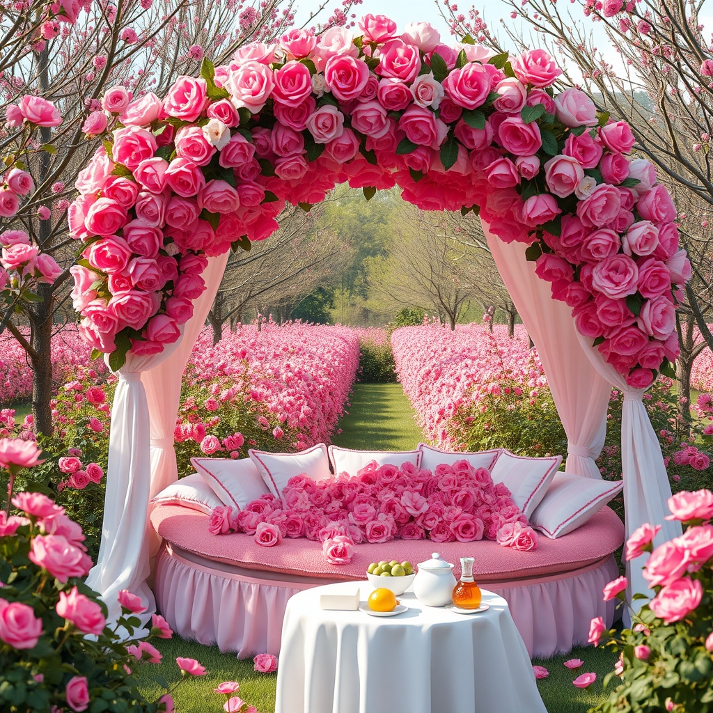 در صبح بهاری باغ گل رز صورتی در احاطه درختان پر شکوفه زیر تونل درست شده از گل های سرخ یک خیمه توری گل بهی سفید و صورتی با تخت گرد صورتی با کوسن های سفید پر از گل های رز صورتی و میز کوچک سفید با نان کره خامه عسل میوه شیر
13